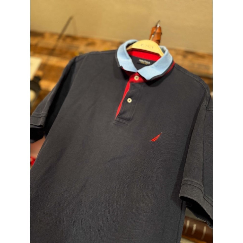 Nautica Classic Fit Large Navy Blue/Light Blue/Red Polo Shirt Embroidered Logo